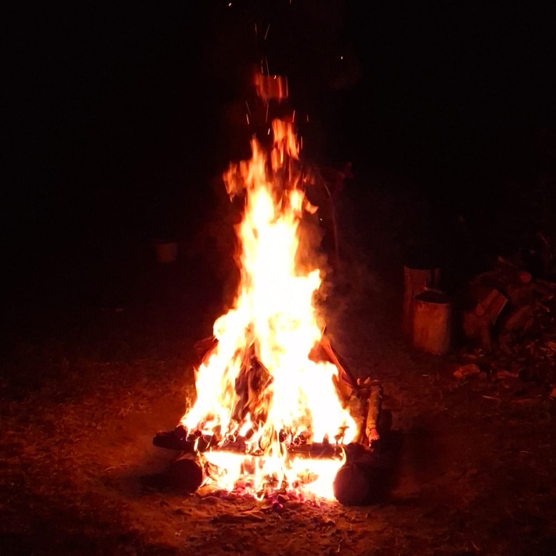 Flames and burning wood in a dark fireplace.