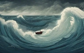 Ilustrace malé loďky mezi vysokými vlnami na rozbouřeném moři.