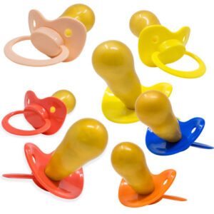 FIXX Disciplinary latex pacifiers with different coloured shields and rings.