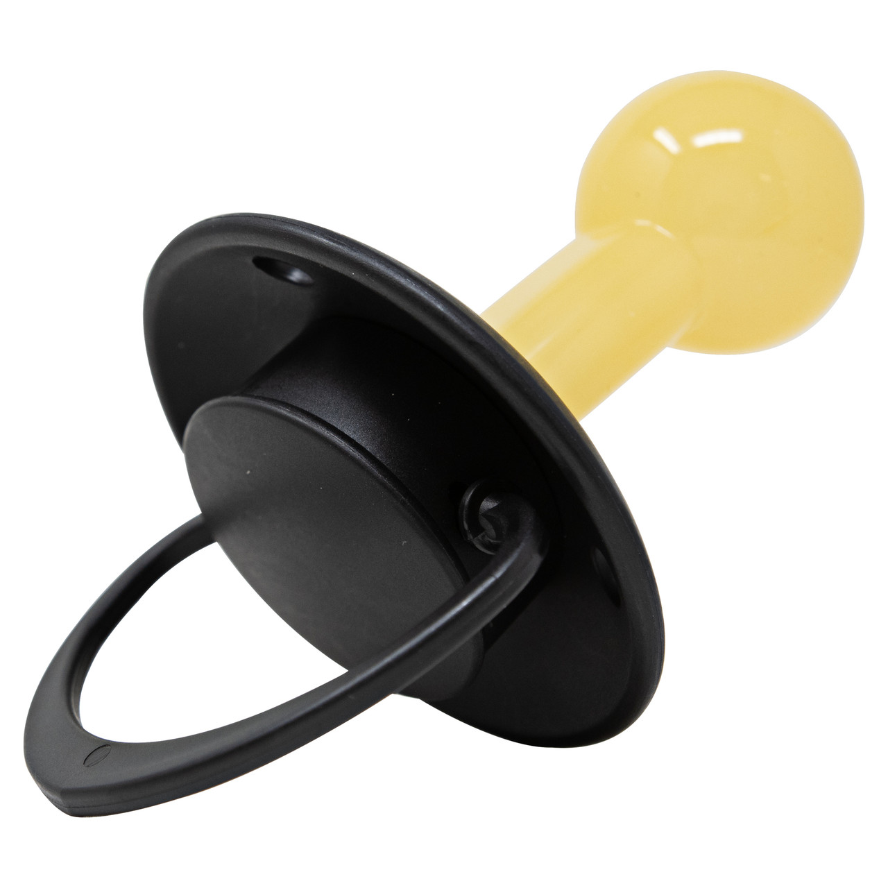 Černý Dream Button Binkey se žlutým kulatým zakončením – šikmý pohled.