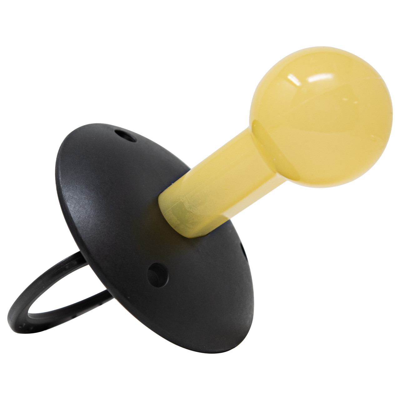 Černý Dream Button Binkey – pohled na štítek a žluté kulaté zakončení.