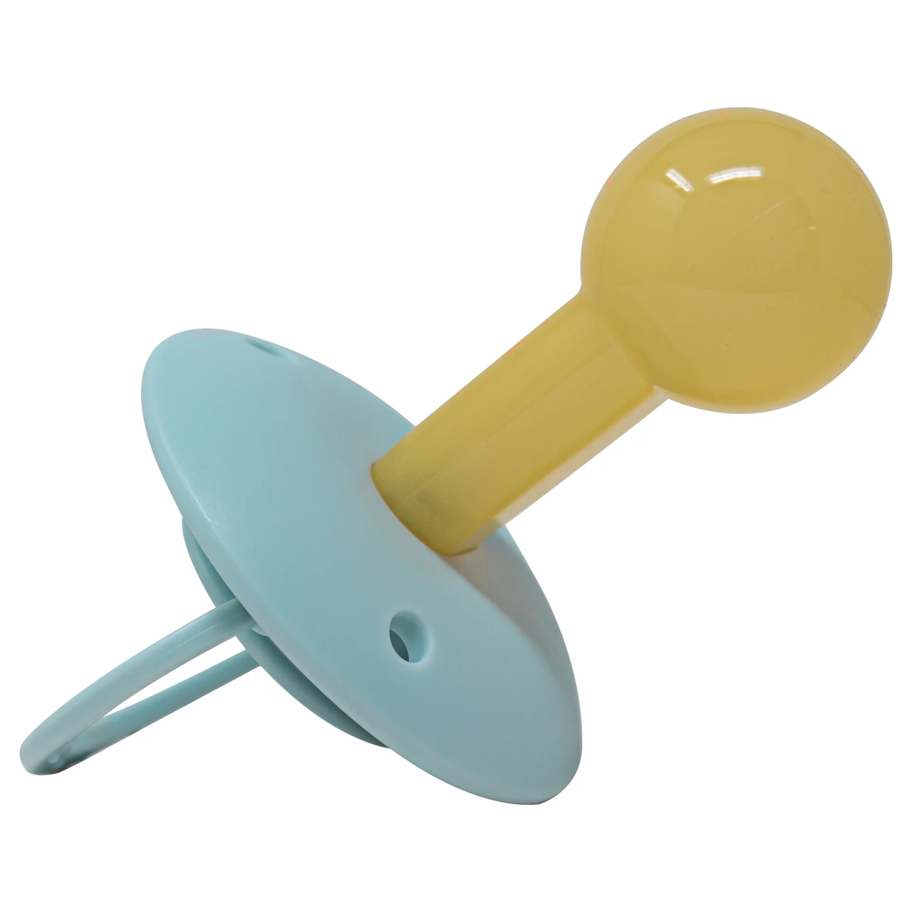 Modrý Dream Button Binkey – pohled na štítek a žluté kulaté zakončení.