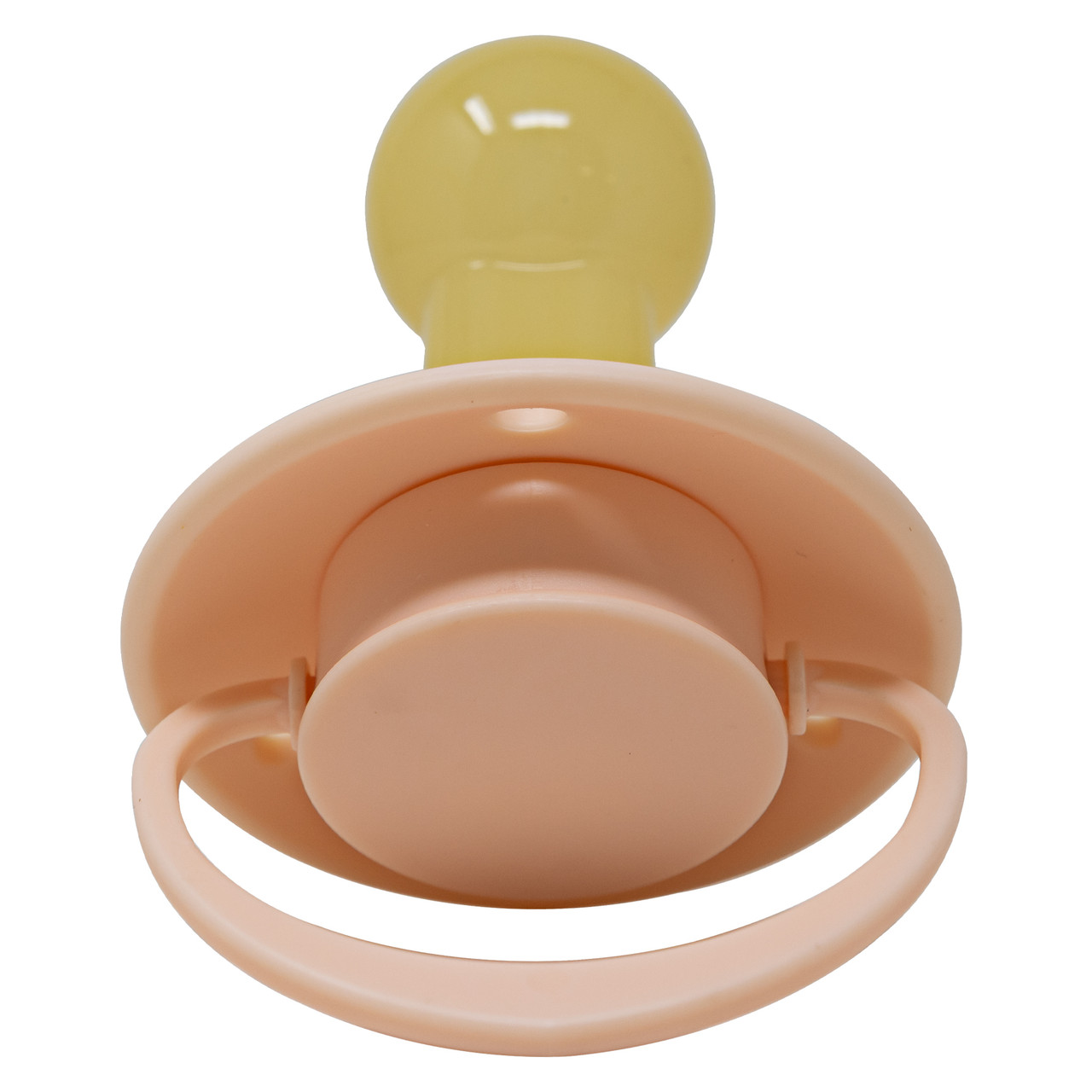 Růžový Dream Button Binkey s kroužkem a žlutým kulatým zakončením.
