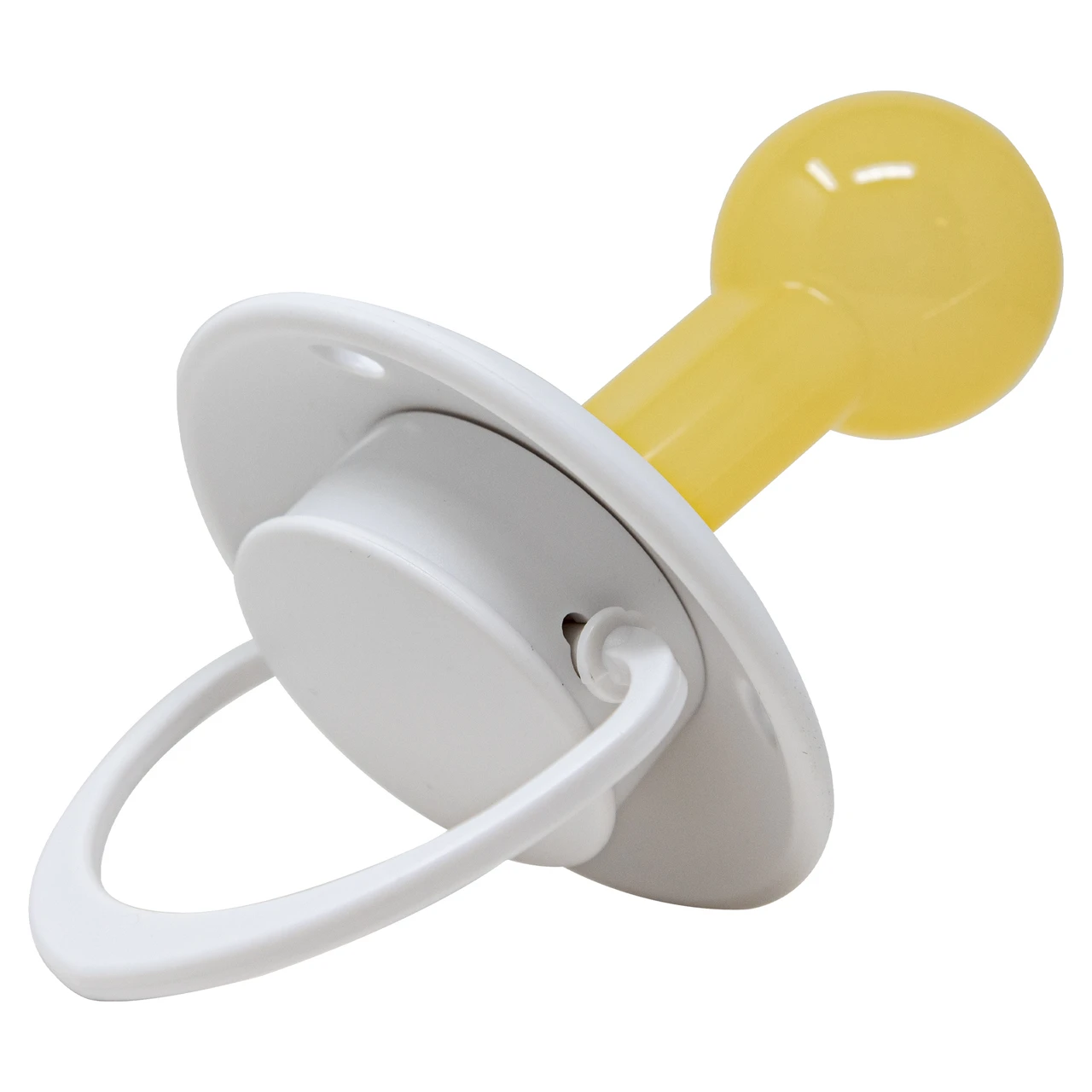Bílý Dream Button Binkey – pohled na kroužek a žluté kulaté zakončení.