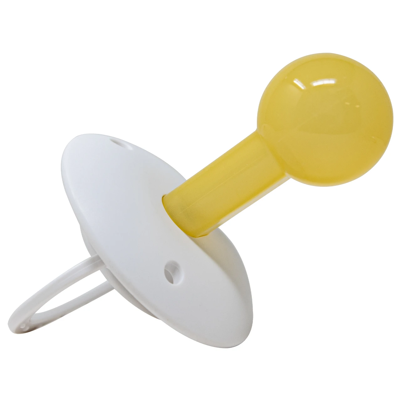 Bílý Dream Button Binkey se žlutým kulatým zakončením – boční pohled.