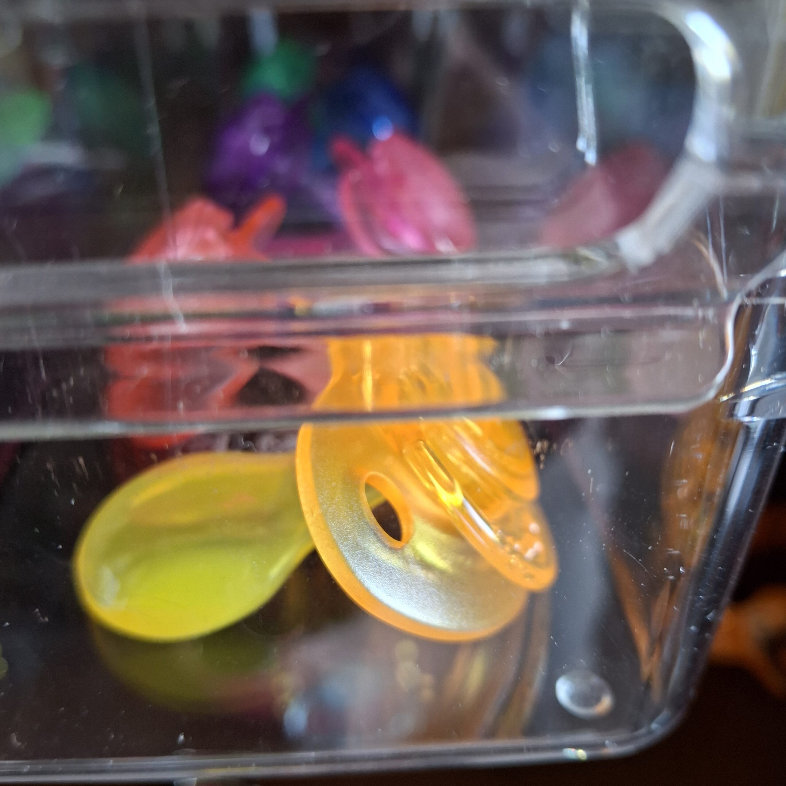 Transparent coloured pacifier shields in a storage box in the doodoo showroom.